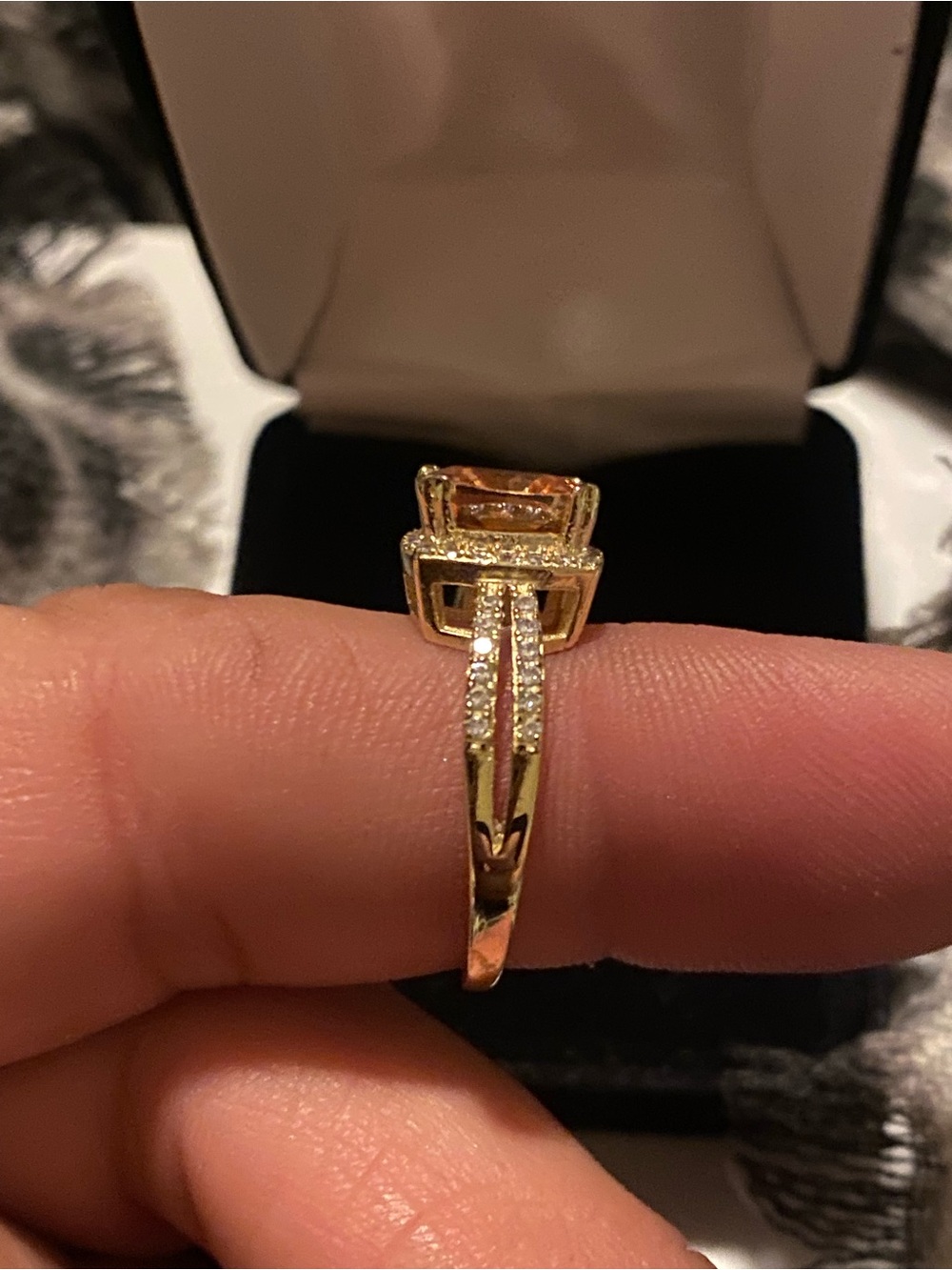 18K GP Golden Topaz Gemstone Halo Ring with CZ Pavé Band